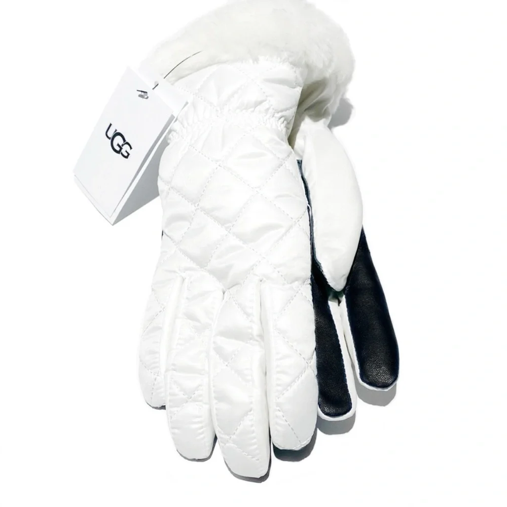 UGG White Black Quilted Shearling Trim & Leather Gloves NWT